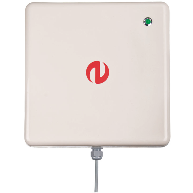 Idesco EPC long range UHF RFID reader, with green LED indicator LED in upper right & connected cable below.