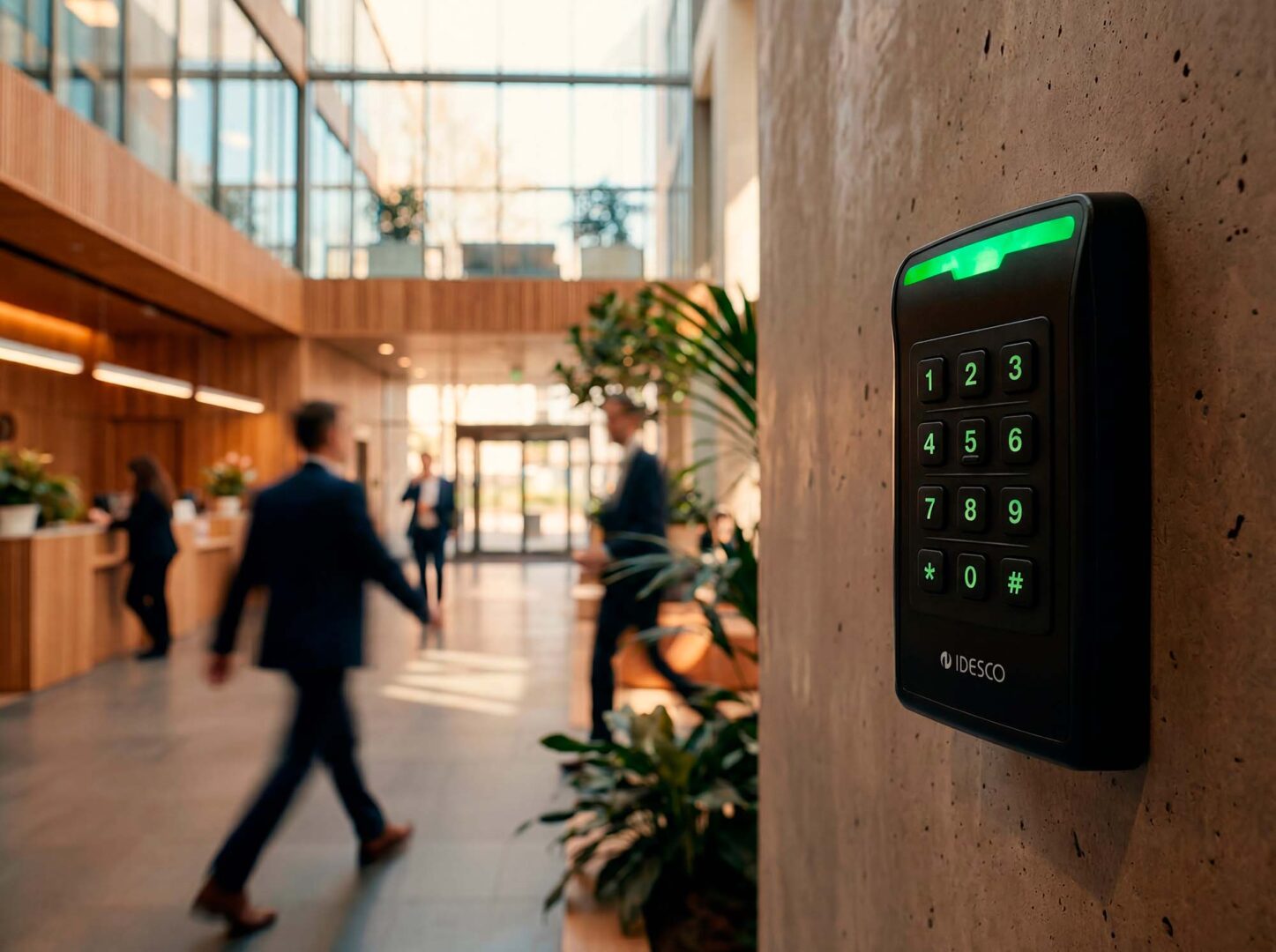 Employees in an office with access control readers