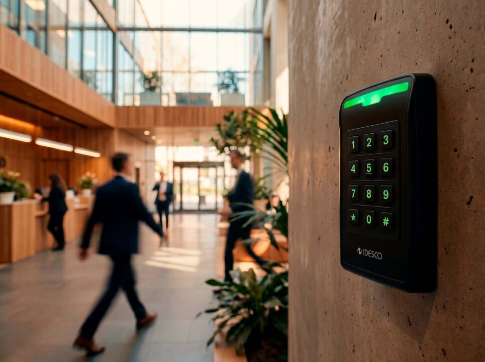 Employees in an office with access control readers